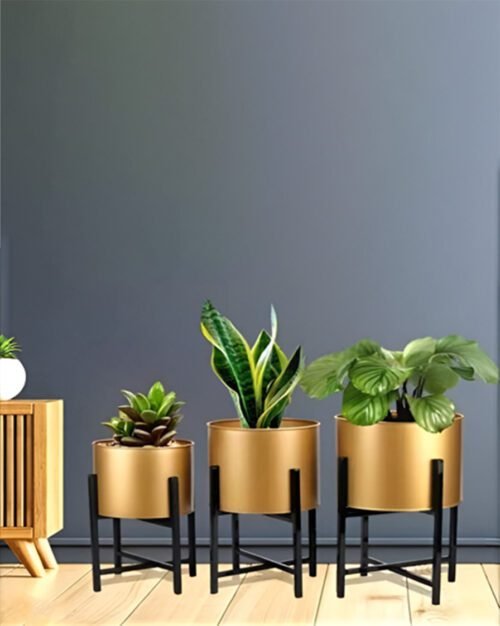 Shop the Set of 3 Modern Gold Cylinder Planters on Tiered Metal Stands, designed for stylish plant displays. Elevate your home decor with ArtaFlora.com today.