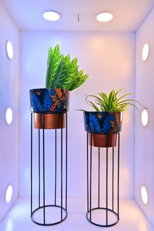 Elevate your plants with our Set of 2 Metal Plant Stands with Patterned Pots—modern tall planters perfect for stylish indoor decor. Shop now at ArtaFlora.com.