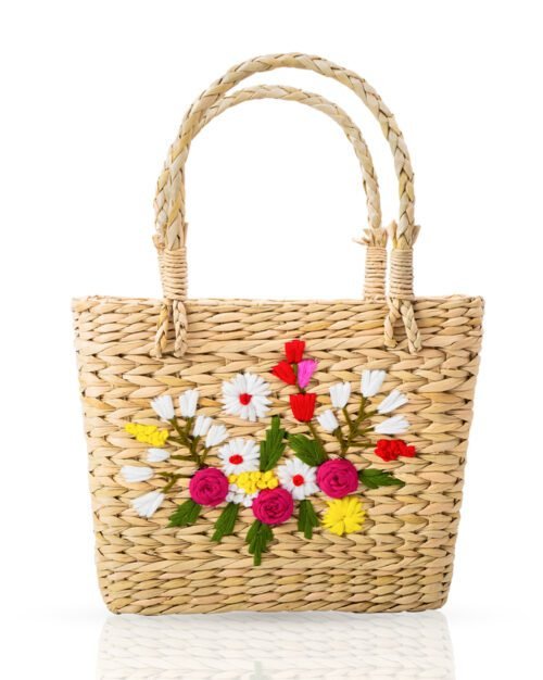 Handwoven fiber tote bag with floral embroidery