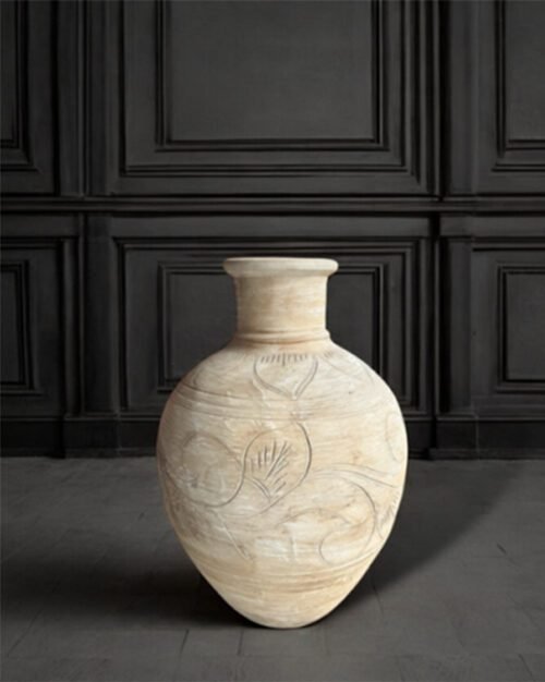 Dhosi Terracotta Etched Urn with intricate designs and light terracotta finish