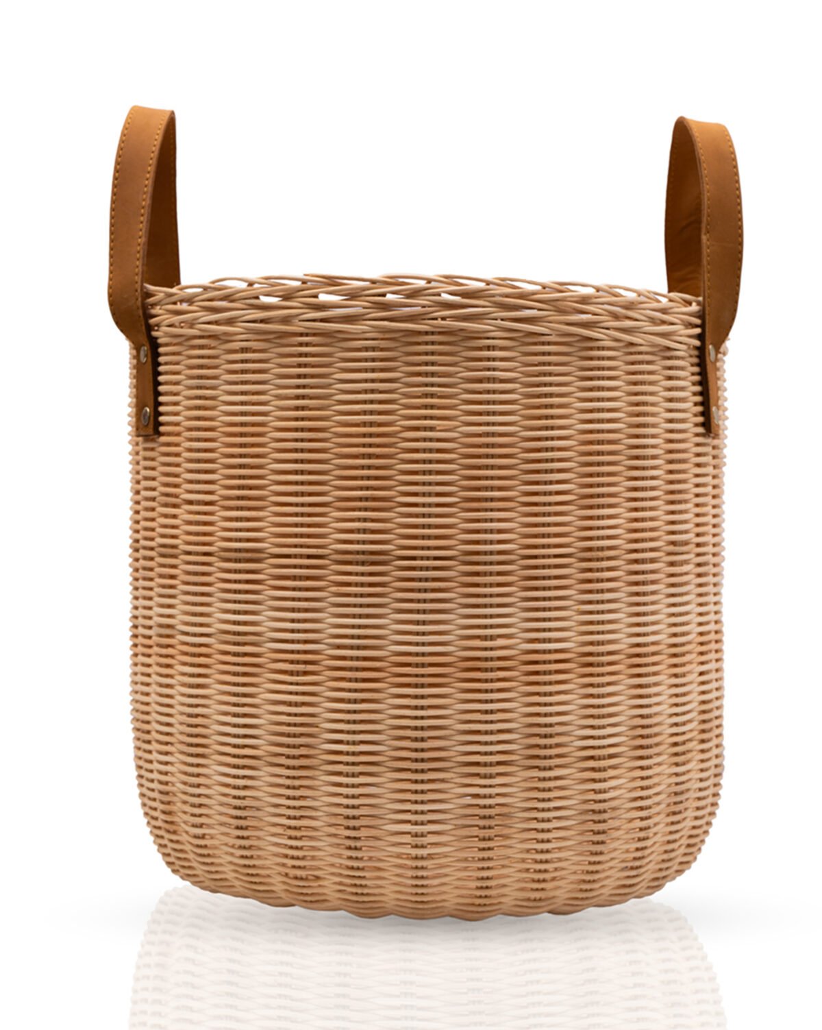 Handwoven wicker storage basket with leather handles