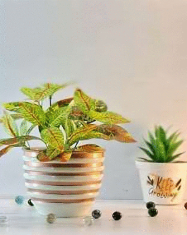 Striped Round Metal Planter – Glossy Finish