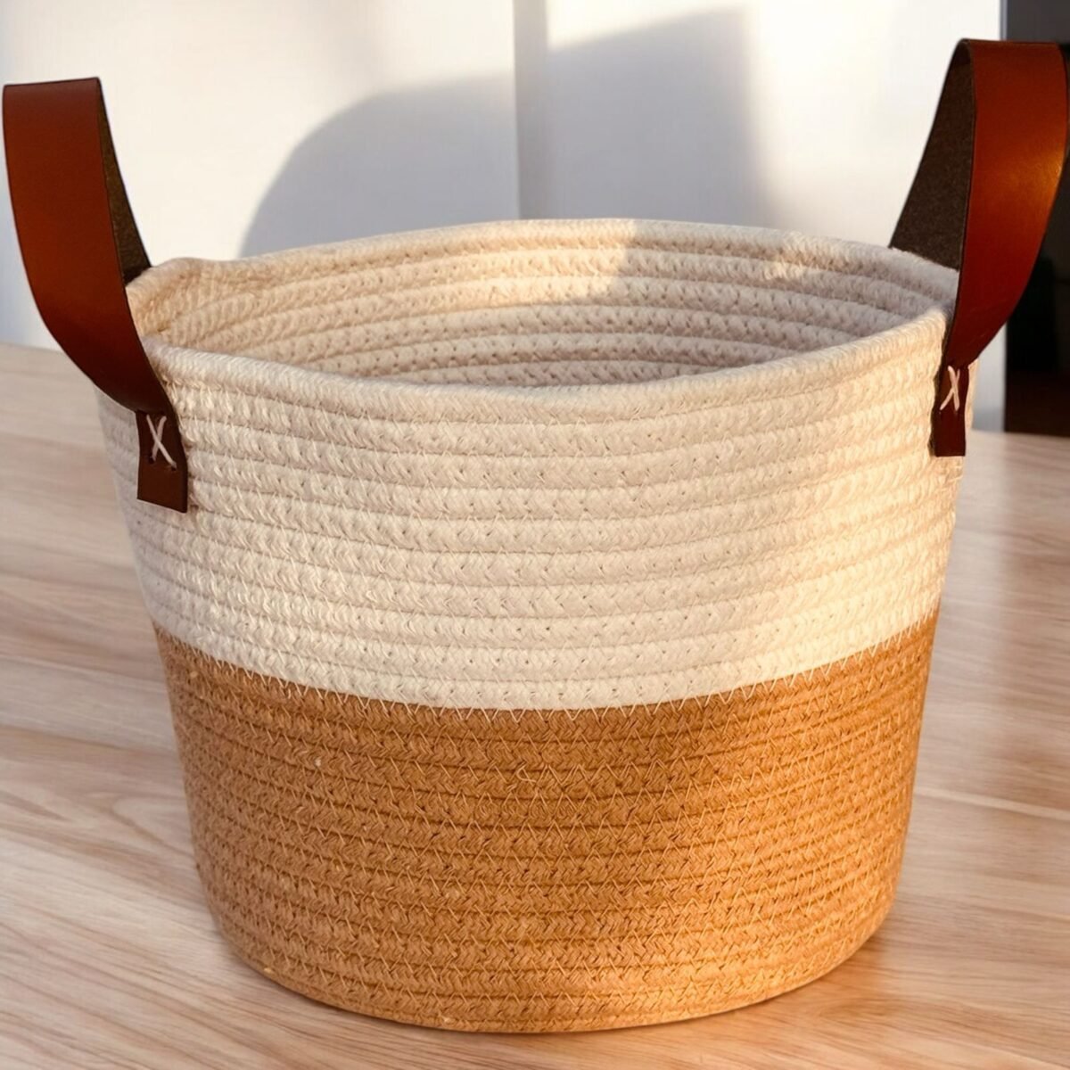 Round jute basket with PU leather handle used for hamper, gift, or fruit display – 9.5x7 inches