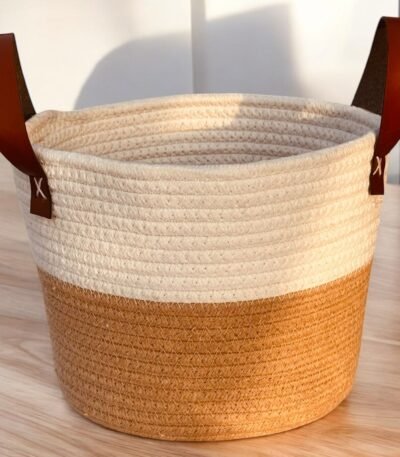 Round jute basket with PU leather handle used for hamper, gift, or fruit display – 9.5x7 inches