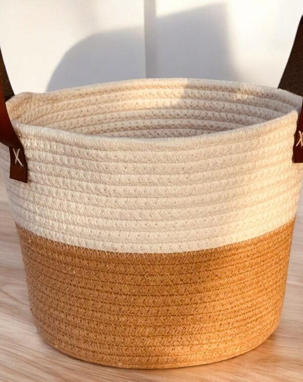 Round jute basket with PU leather handle used for hamper, gift, or fruit display – 9.5x7 inches