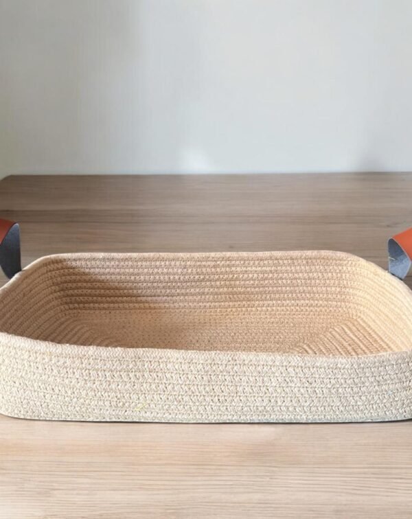 Handcrafted Rectangular Jute Basket with Leather Handle  (14″x8″x3″)
