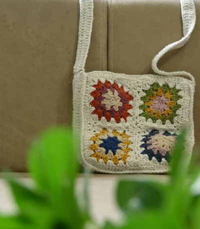 hand knitted cotton sling bag