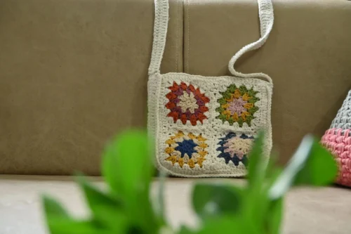 hand knitted cotton sling bag