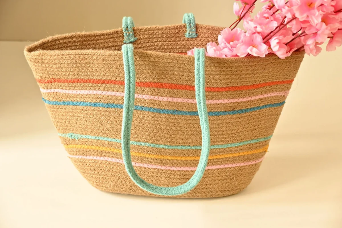 Rainbow handcrafted jute shoulder tote bag with colorful panels – sustainable and stylish