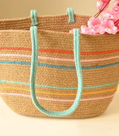 Rainbow handcrafted jute shoulder tote bag with colorful panels – sustainable and stylish