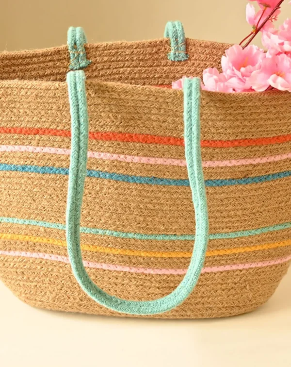 Rainbow handcrafted jute shoulder tote bag with colorful panels – sustainable and stylish