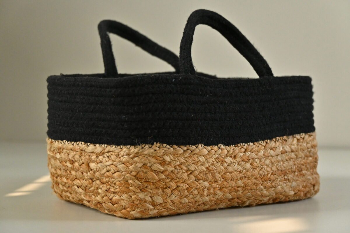 Multicolor handmade jute and cotton rectangular basket with raffia design – colorful decorative storage solution