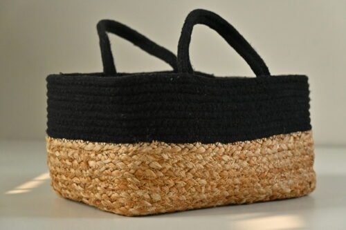 Multicolor handmade jute and cotton rectangular basket with raffia design – colorful decorative storage solution