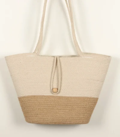 Shop the FAIR Lady handcrafted cotton and jute tote bag. A minimalist, eco-friendly shoulder bag perfect for everyday use, beach days, and travel.