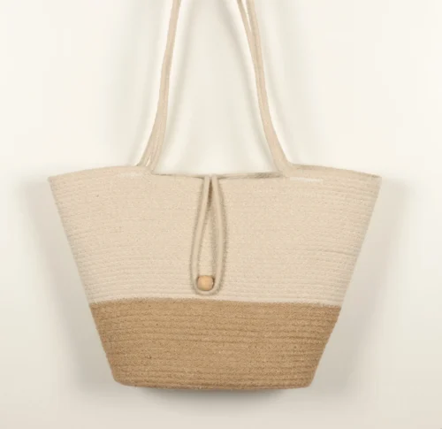 Shop the FAIR Lady handcrafted cotton and jute tote bag. A minimalist, eco-friendly shoulder bag perfect for everyday use, beach days, and travel.