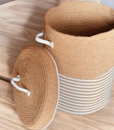 Oval tall jute rope laundry basket hamper with handles – 14×18 inch woven storage for dirty clothes and linens