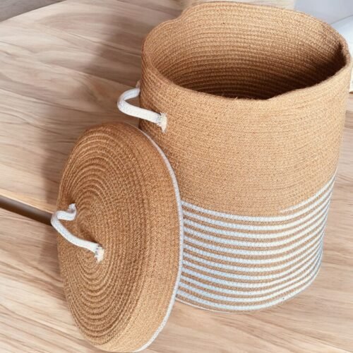 Oval tall jute rope laundry basket hamper with handles – 14×18 inch woven storage for dirty clothes and linens