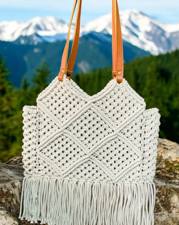 Handcrafted Cotton Macrame Tote Bag with Tassels & Leather Handles – Boho Chic
