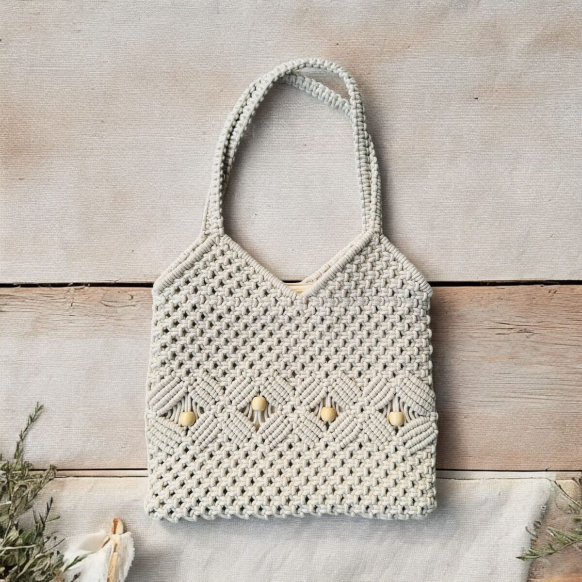 Macrame White Large Beaded Bag