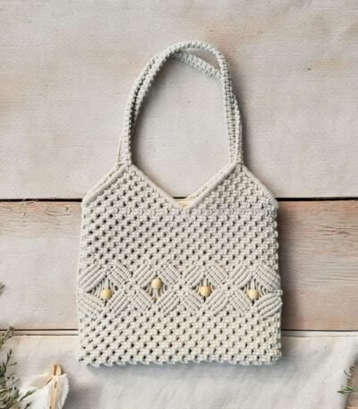 Macrame White Large Beaded Bag