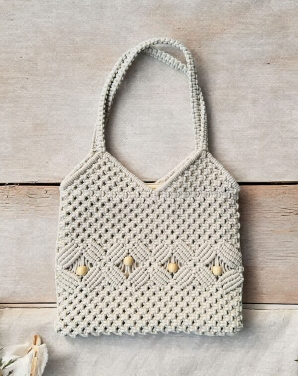 Macrame White Large Beaded Bag