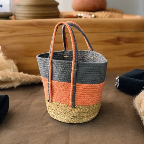 Organize in style with this handcrafted jute & cotton basket – perfect for kitchen storage, laundry, planters, and home décor.