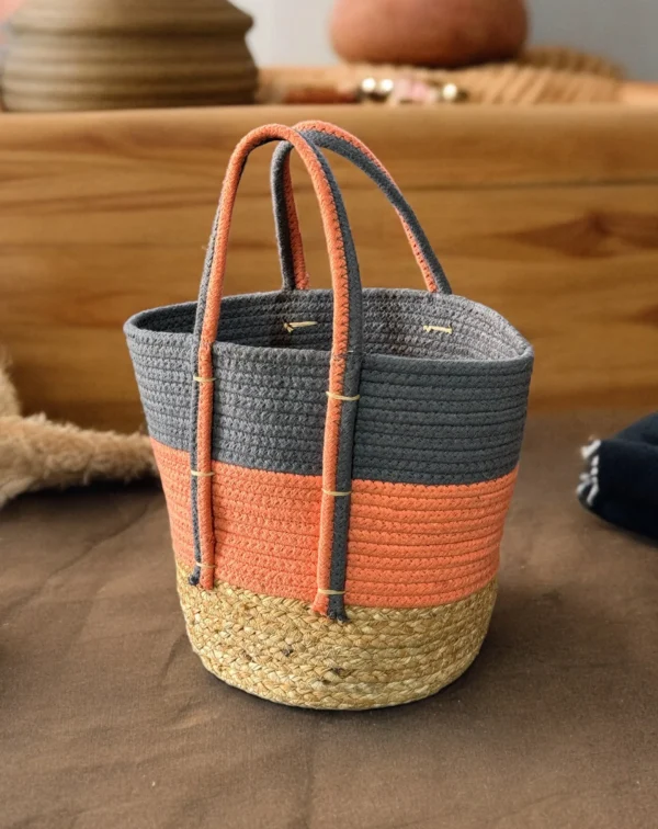Organize in style with this handcrafted jute & cotton basket – perfect for kitchen storage, laundry, planters, and home décor.