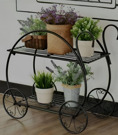 Iron Trolley-Style 2-Tier Planter Stand