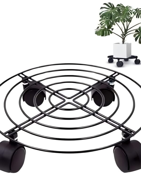 Round Metal Plant Stand with Wheels – Black Finish